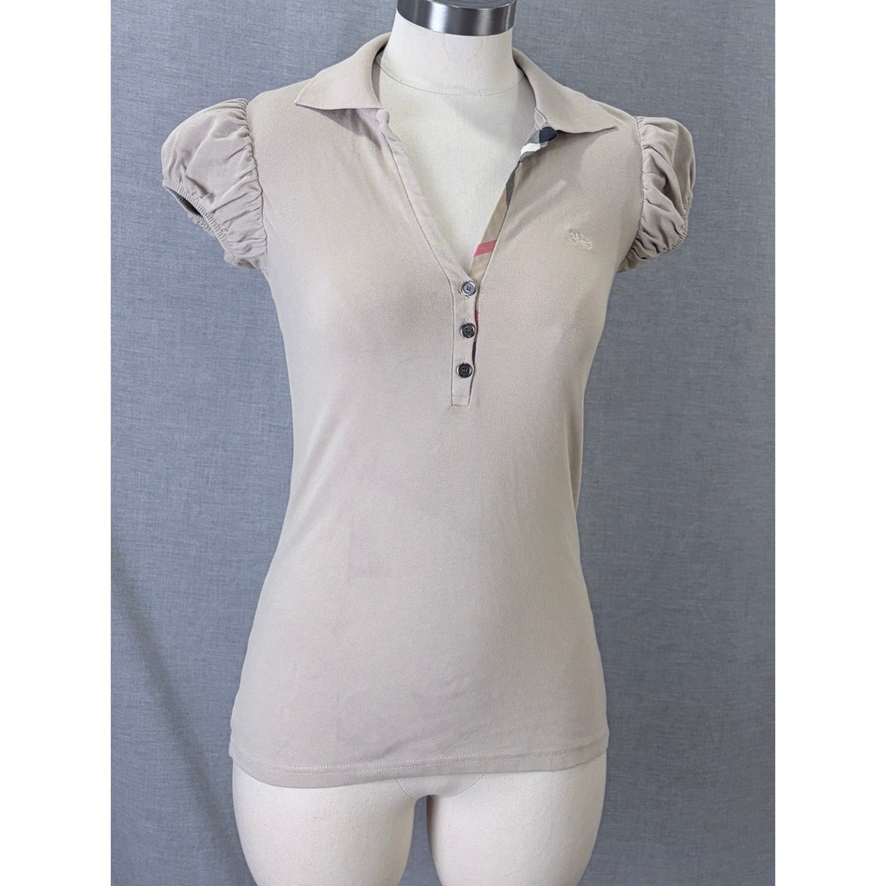 Burberry London Ruched Cap Sleeve Polo Top Beige Nova Check XS